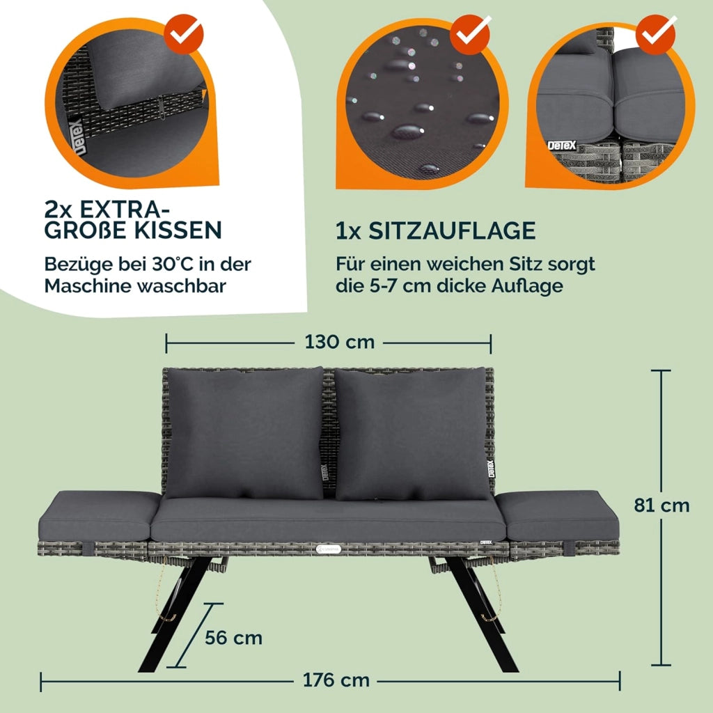 ® Panca da Giardino in Polyrattan Reclinabile Braccioli Regolabili Resistente Divano da Esterno Terrazza Balcone