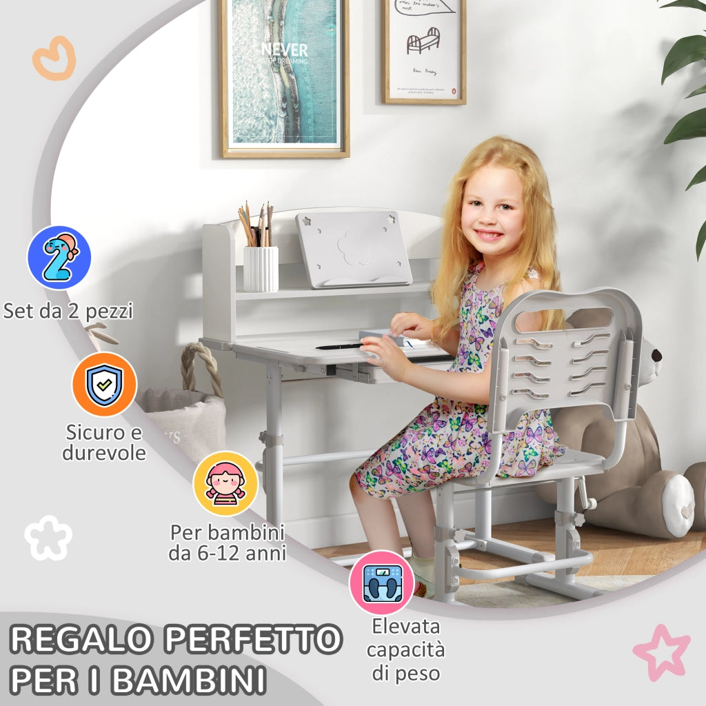 Scrivania per Bambini con Sedia Regolabile e Piano Inclinabile ¨C Zephmum ¨C Grigio