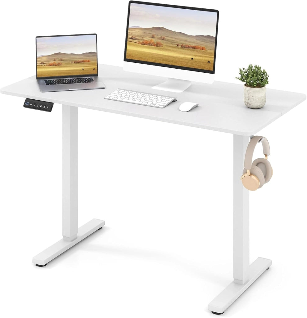 Scrivania Elettrica Ergonomica 120 x 60 cm, 3 Memorie di Altezza, Protezione Anti-Collisione e Gancio per Cuffie, Scrivania Regolabile in Altezza per Ufficio e Casa (Marrone)