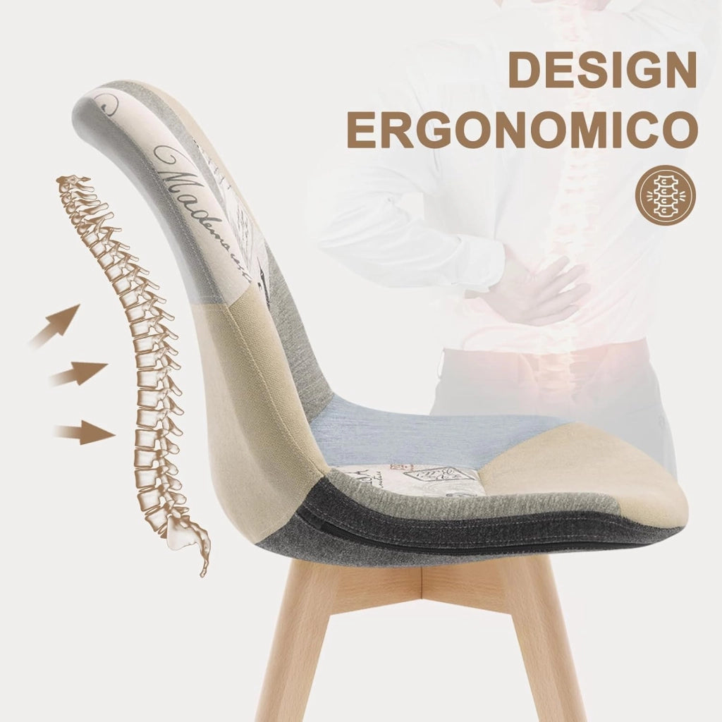 Set di 8 sedie da pranzo Sedia da Scrivania con Schienale Rivestito in Tessuto di Lino Patchwork Gambe Legno Moderno BH29pw-8