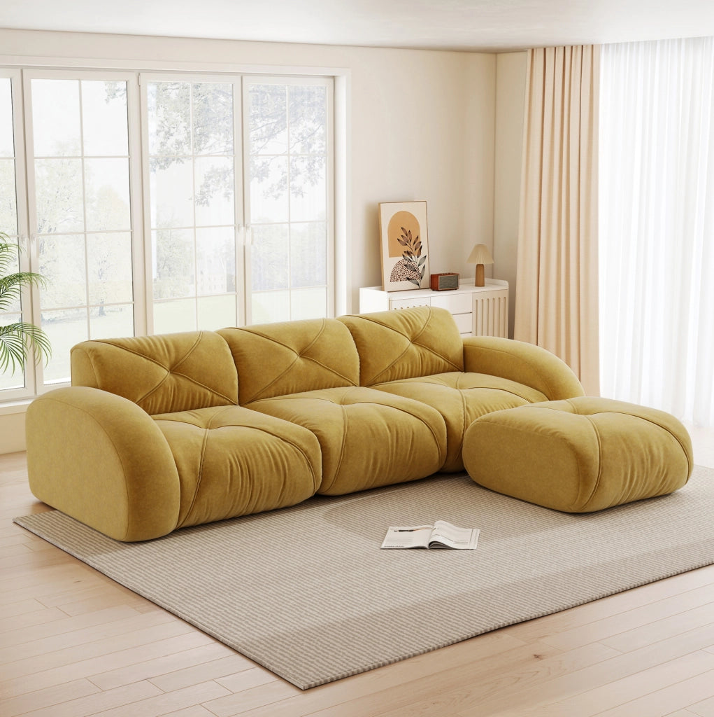 Divano modulare in chenille gialla; 281x171x76 cm; schiuma 32D; portata 200 kg per seduta