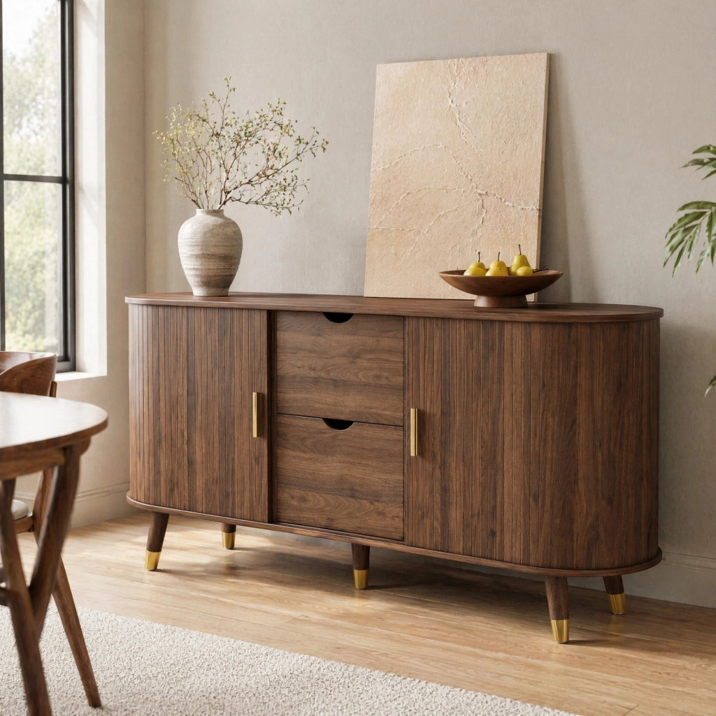 Credenza con venatura verticale, doppio cassetto e ripiani aperti in MDF effetto noce, 140 × 40 × 79,5 cm