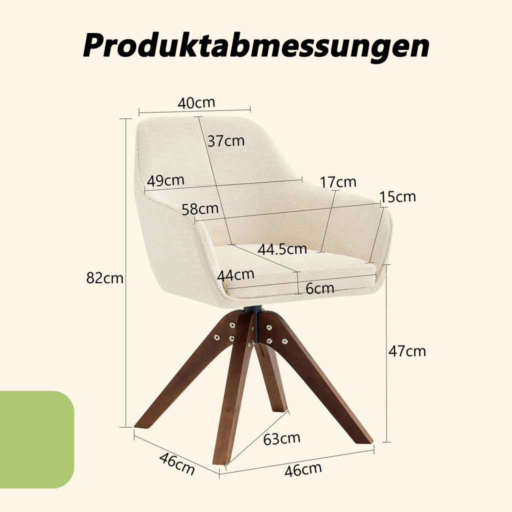 Sedia da sala da pranzo girevole 360° set da 2 con braccioli e schienale ergonomico in tessuto bianco e legno noce