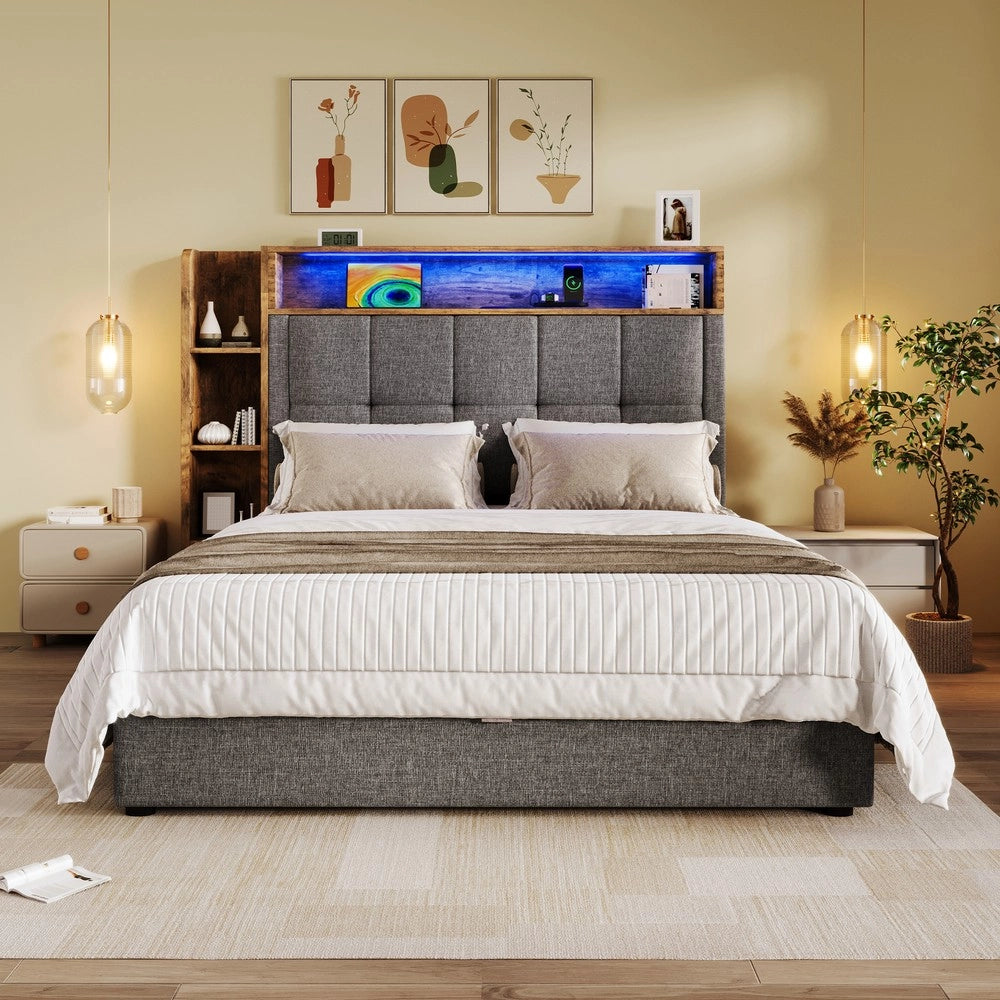 Letto Imbottito con LED e Contenitore ¨C MINIMAL ¨C Tessuto Grigio 90x200