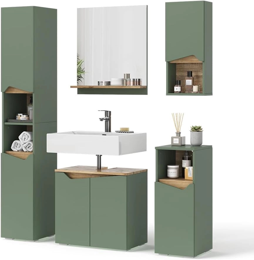 Set di mobili da bagno Marelle, Verde/Artigianale, 60 cm, composto da mobile sottolavabo, specchiera, colonna, base media e pensile