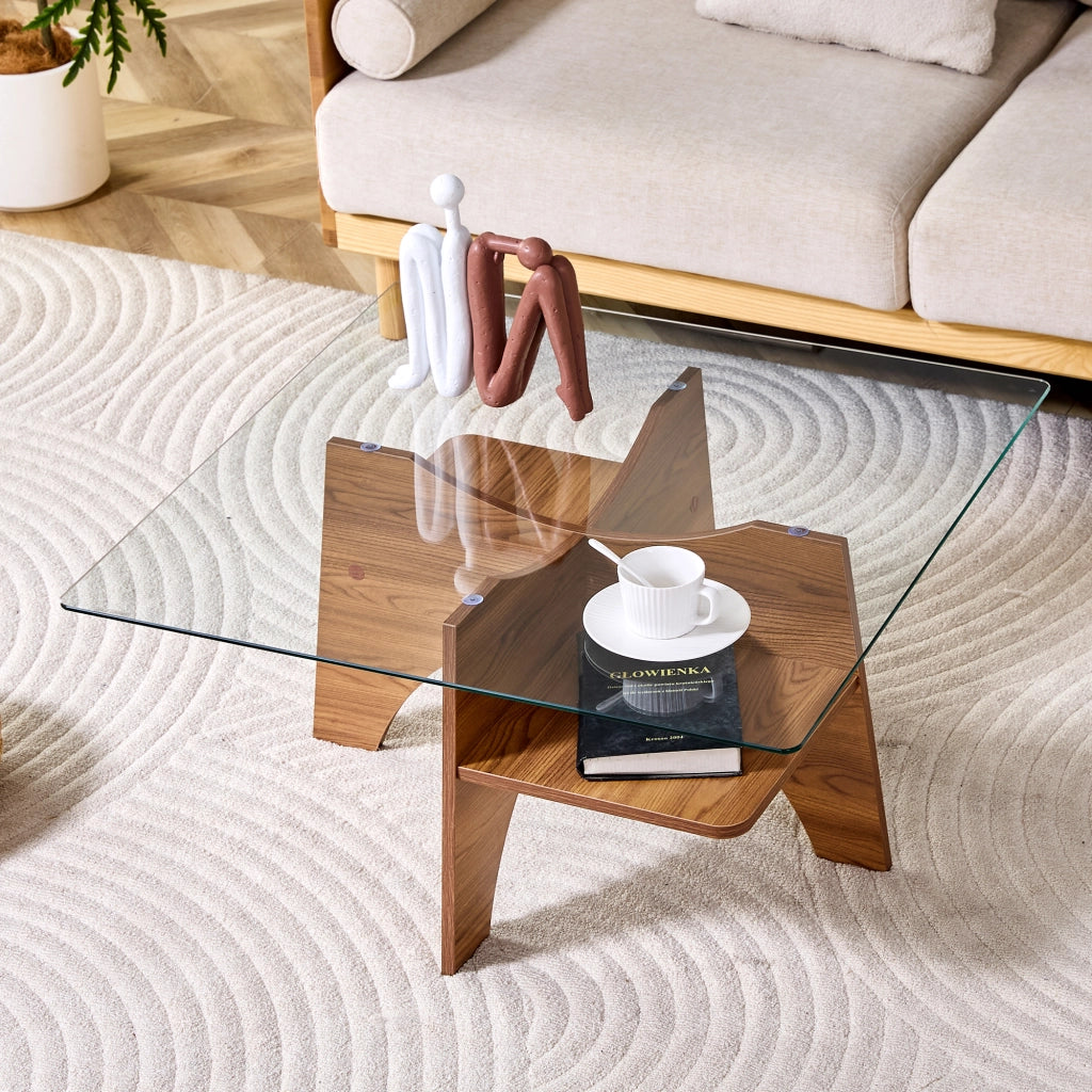 Tavolino quadrato moderno in vetro di sicurezza - Zephmum- 80 cm lato- Gambe in MDF finitura noce