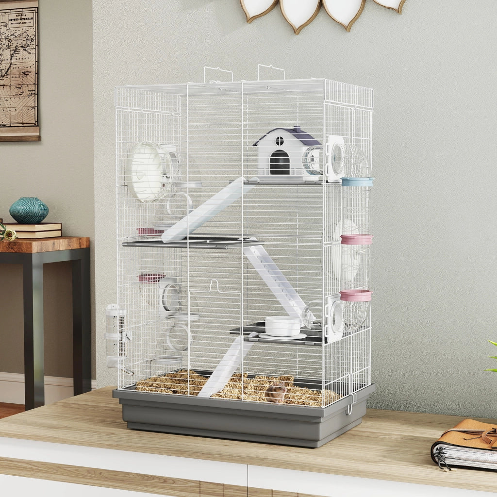 Gabbia per Criceti a 4 Livelli e 16 Tubi con Casetta, Rampa, e Accessori, in Metallo e Plastica, 47x30x70 cm, Grigio