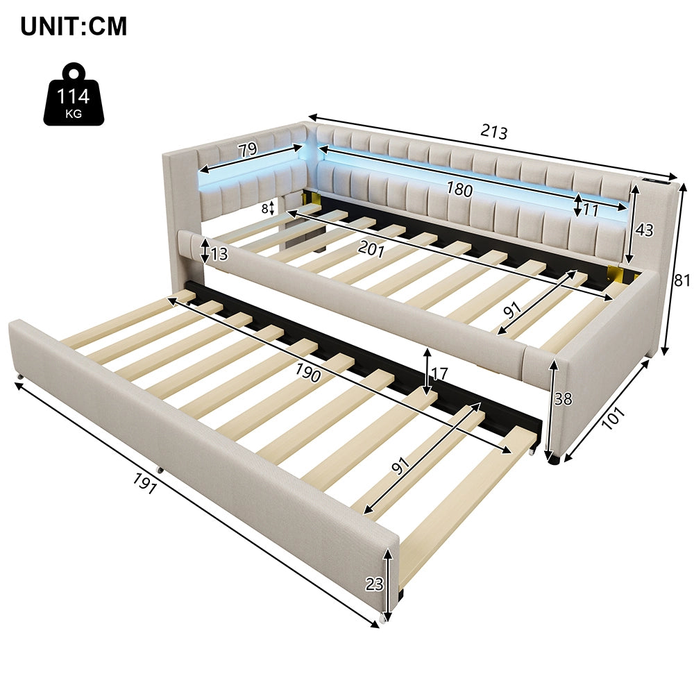 Letto giorno 90x200cm - Xylo - beige, LED telecomando, USB-C, estraibile