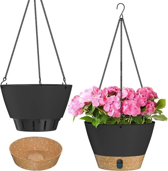 Pianta in Sospensione 20 cm - Ornamenti da Giardino - Vasche per Piante con Livello d'Acqua Visibile e Fori di Drenaggio - Grigio Scuro - Set a 2 Pezzi