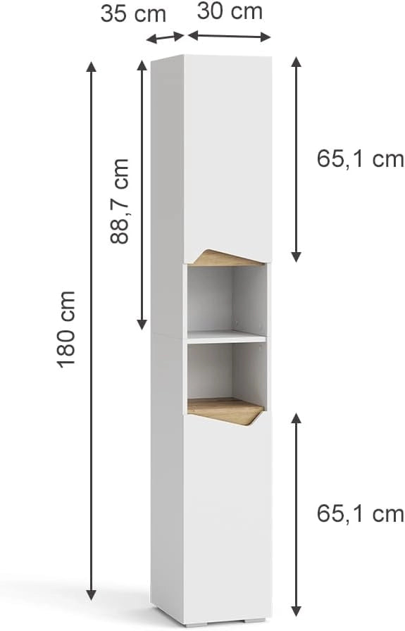 Armadio per il bagno Marelle, Bianco/Artisan, 30 x 180 cm con ante e vani a giorno, per la conservazione di articoli da bagno e asciugamani