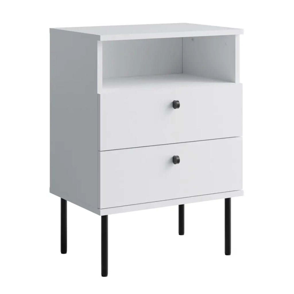 Tavolino da Notte 2 Cassetti con Nicchia – Colore bianco – Piedi dritti neri – Collezione Aurora
