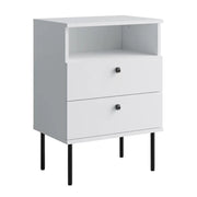 Tavolino da Notte 2 Cassetti con Nicchia – Colore bianco – Piedi dritti neri – Collezione Aurora