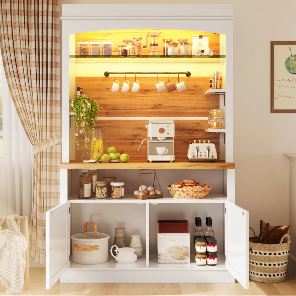 Hochschrank Weiß mit LED-Beleuchtung, Glasregal und Hakenleiste, 184 cm hoch, belastbar bis 60 kg