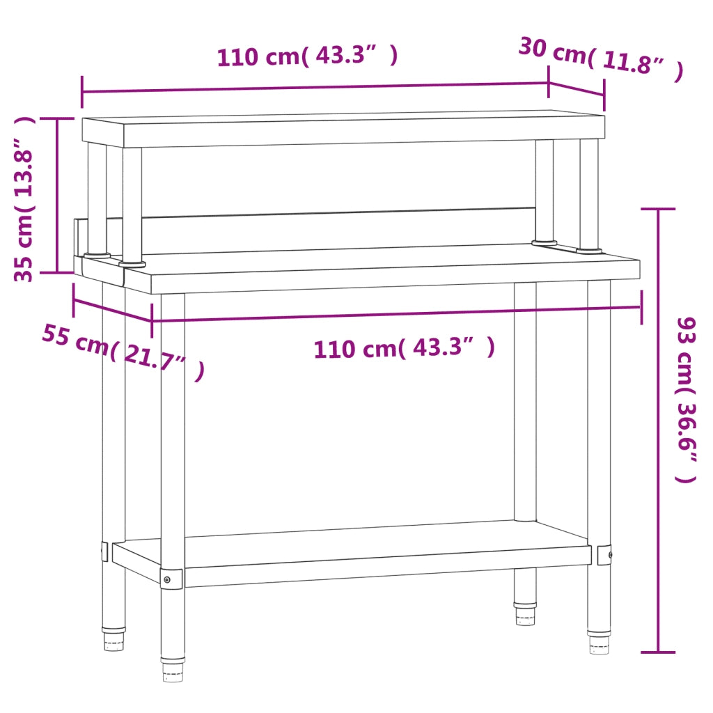 Tavolo Lavoro Cucina con Ripiano 110x55x120 cm Acciaio Inox CFW4223206