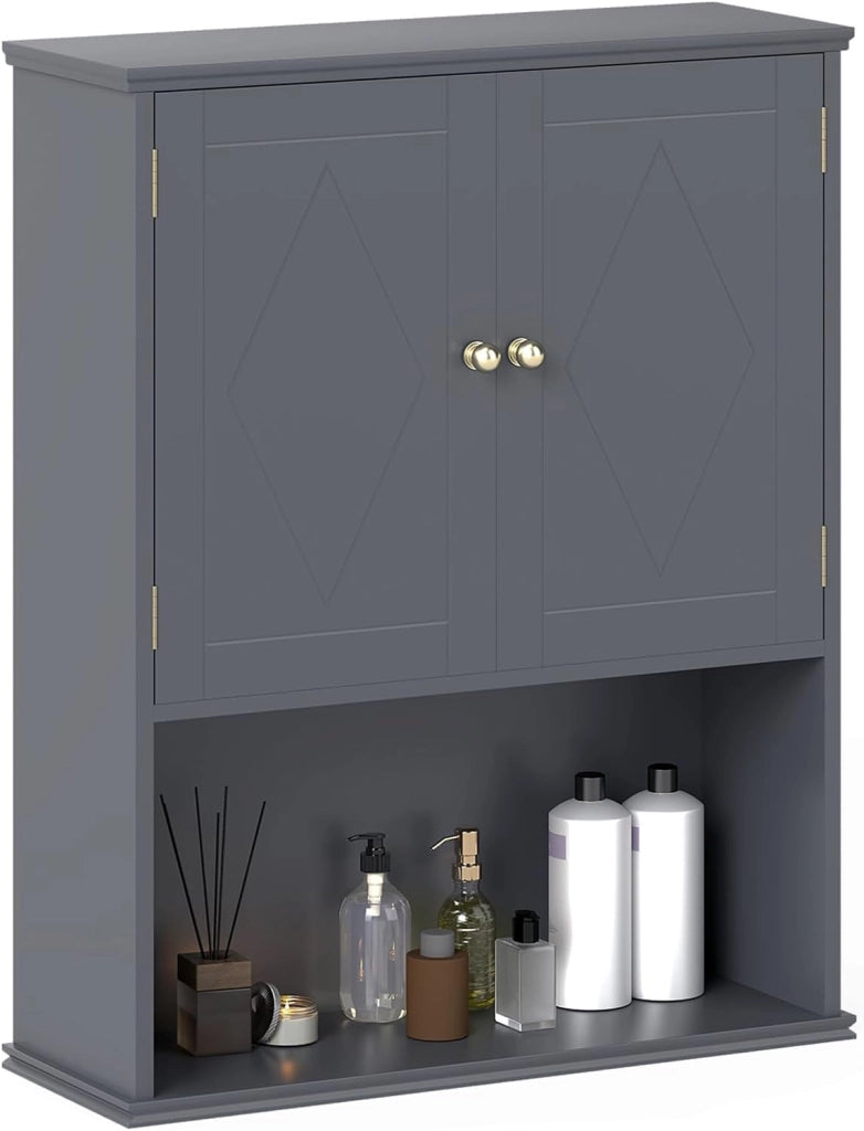 Mobile da Bagno, Armadietto a 2 Ante con Ripiano Regolabile, Armadio da Parete con Mensola Semi-aperta per Asciugamani, Prodotti per la Cura della Pelle e Articoli da Bagno (Grigio)