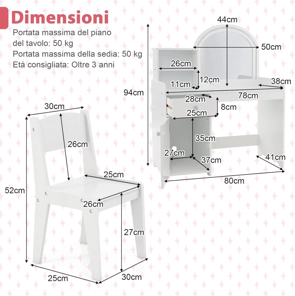 Toeletta Trucco 2 in 1 per Bambina, Specchiera per Ragazza in Legno con Mensole, Cassetto, Ripiani e Luci LED Regolabile, Postazione Trucco per 3 Anni, 80 x 40 x 94 cm (Bianco)