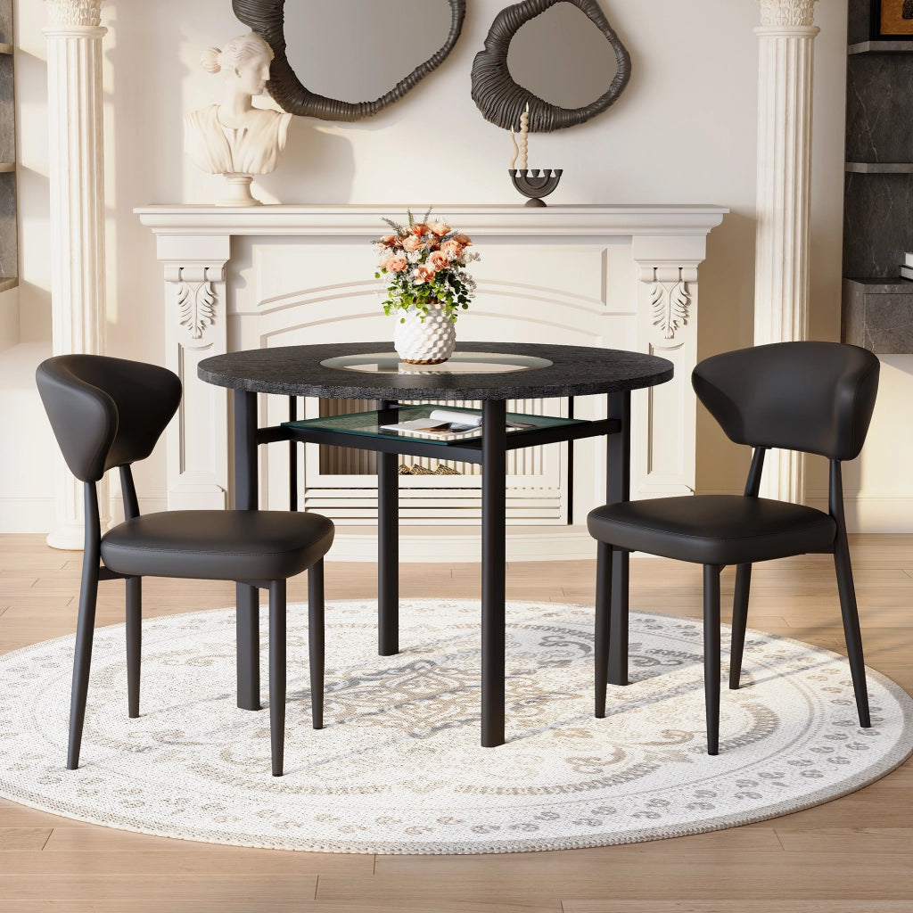 Tavolo da pranzo rotondo con piano in MDF e inserto in vetro, ripiano in vetro, per soggiorno e cucina, nero, 100 cm