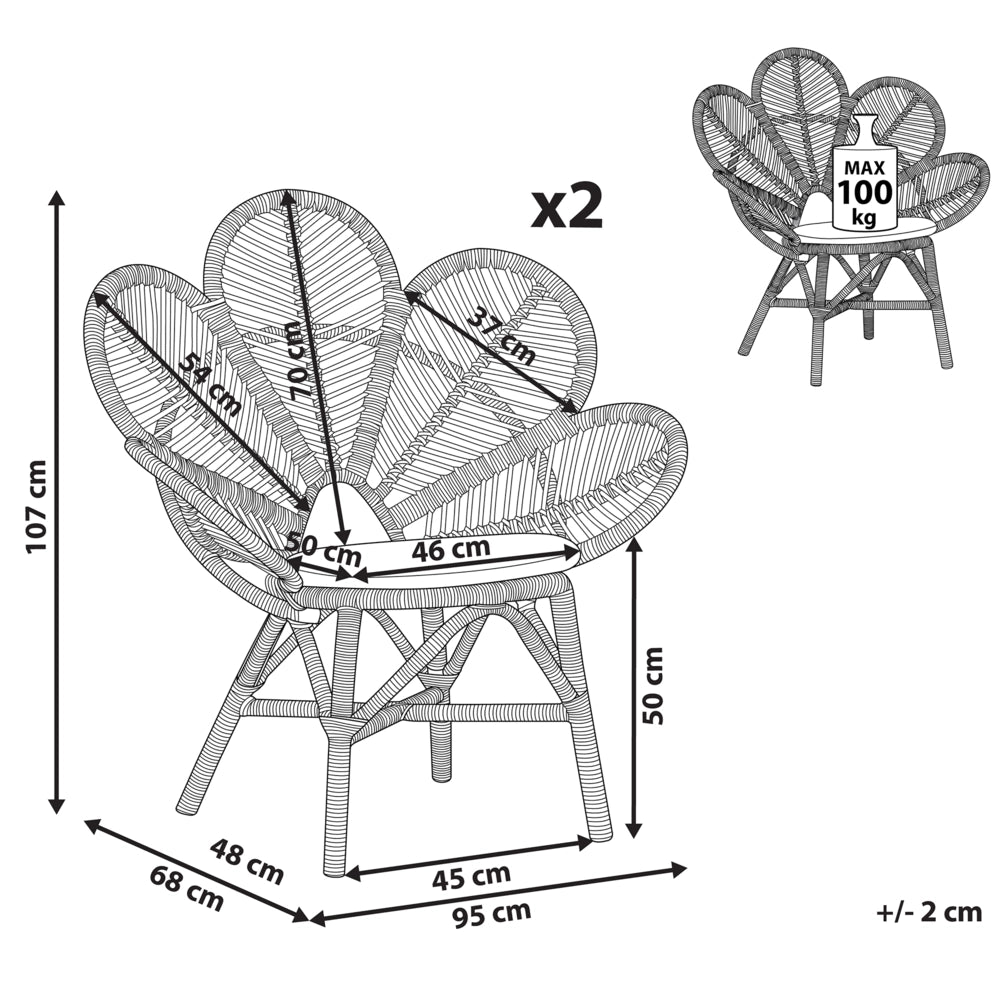 Set di 2 sedie pavone cuscino in cotone rattan beige giardino all'aperto per interni boho