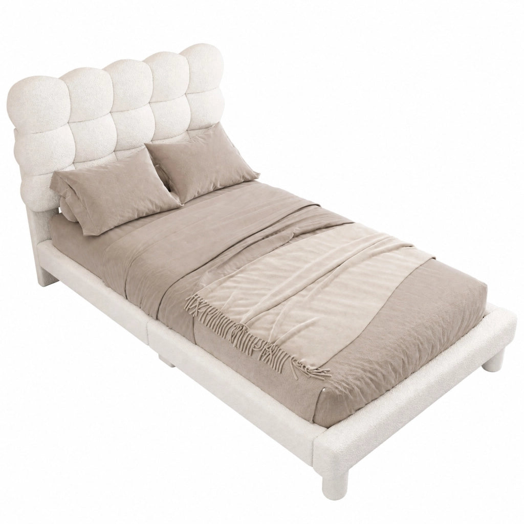Letto singolo imbottito 90x200 cm con testiera regolabile in tessuto peluche; bianco