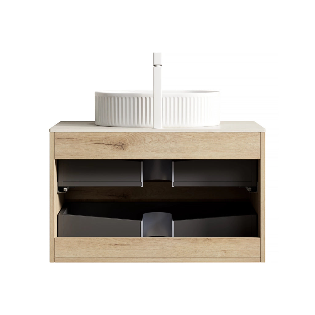 Mobile bagno sospeso con 2 cassetti soft close e lavabo ovale; piano effetto travertino per bagno; bianco e rovere bianco