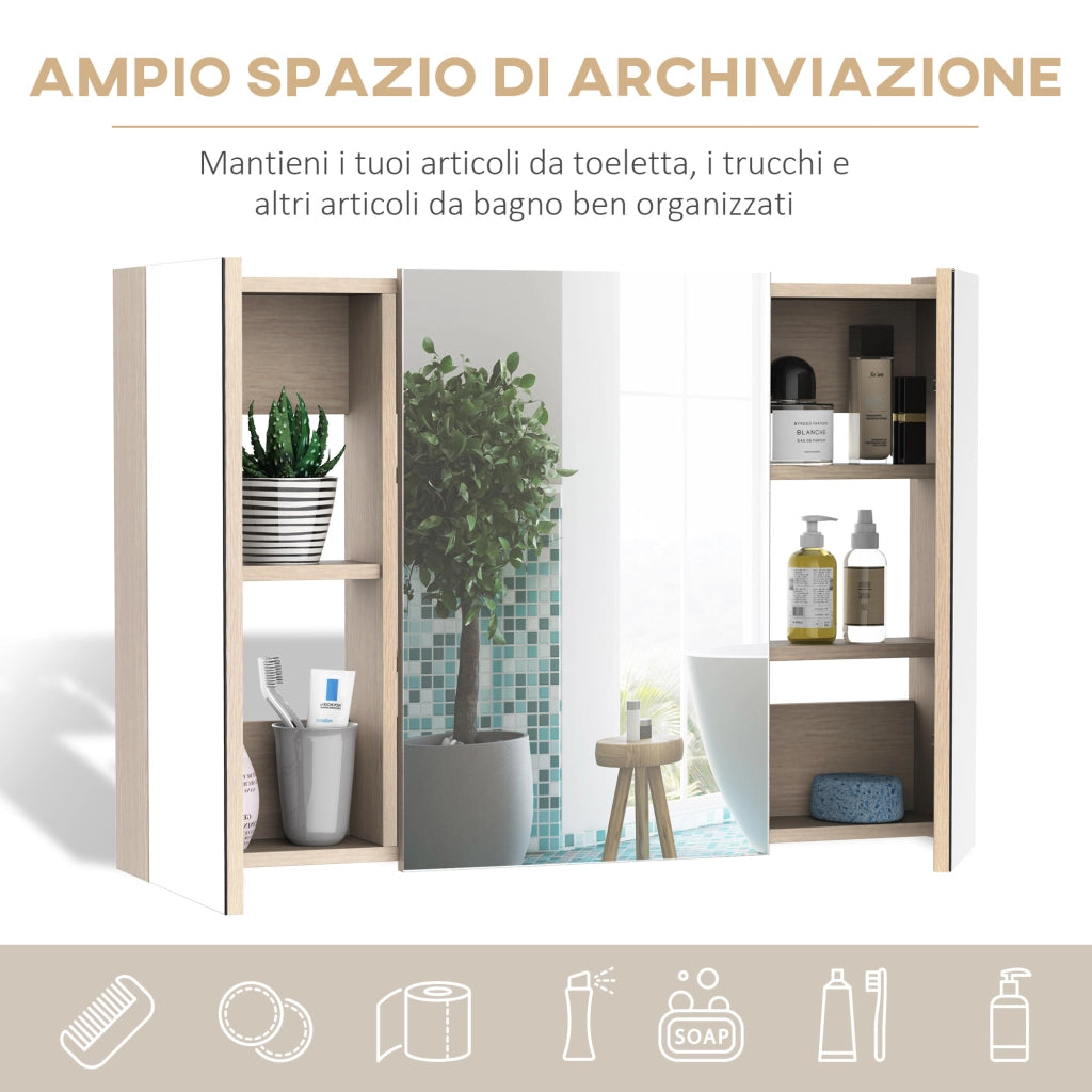 Specchio Contenitore Bagno 3 Ante ¨C Xylo ¨C Legno Bianco Rovere con Ripiani Regolabili 90x60 cm
