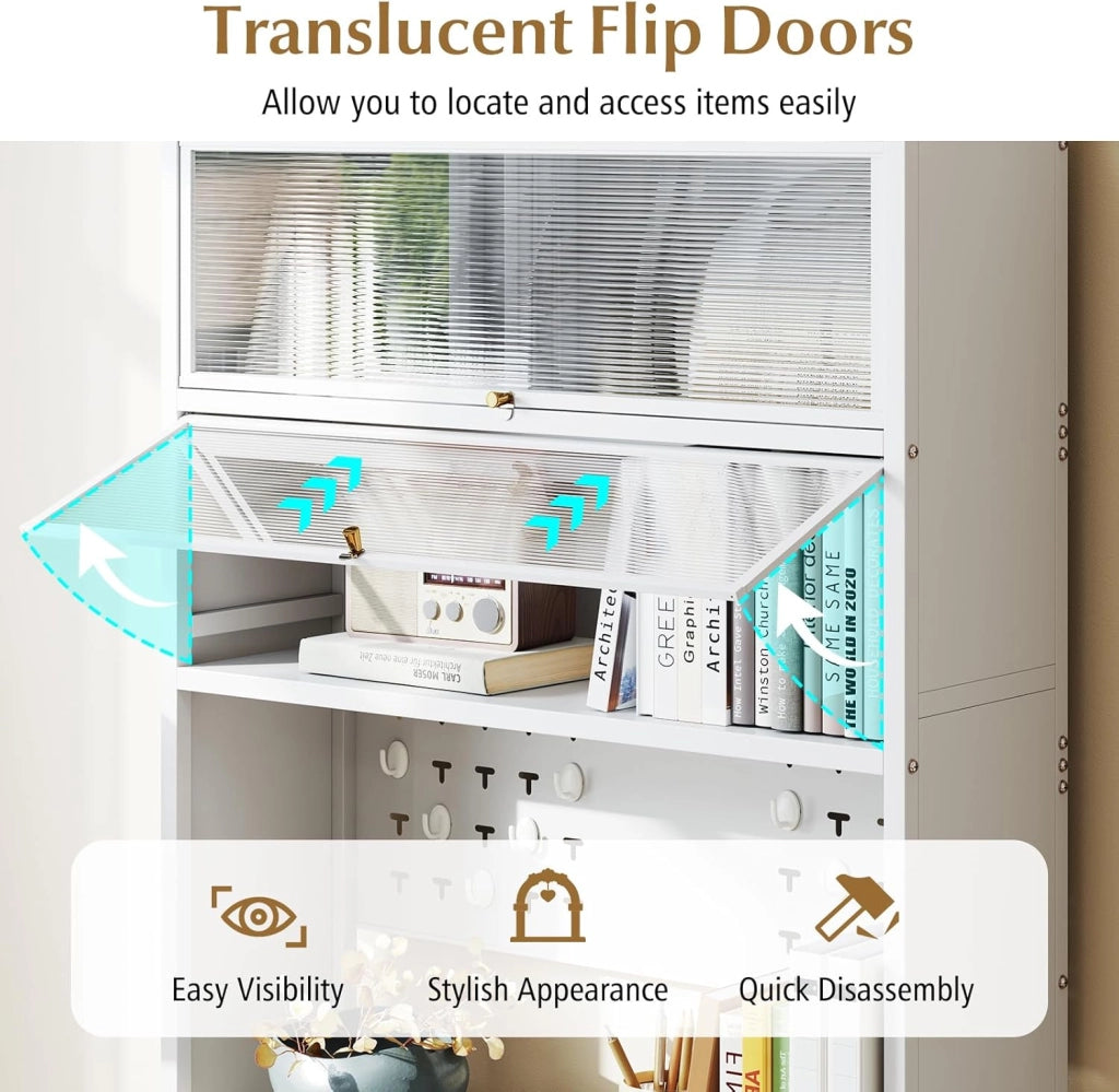Mobile da cucina alto a 6 livelli, credenza cucina con ruote, 10 ganci, ante pieghevole, pannello perforato, mobile vetrina in acciaio, per soggiorno, sala da pranzo (bianco)