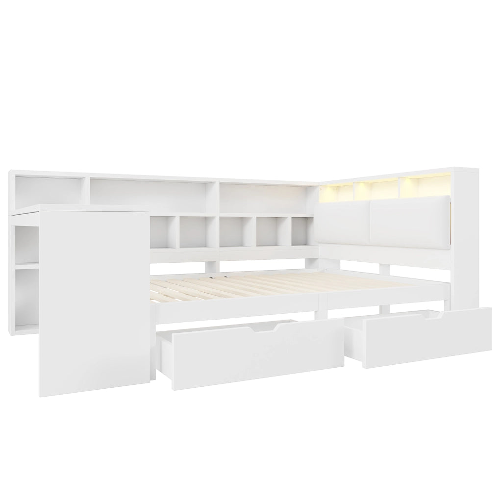 LETTO L con scrivania 140x200 cm Bianco con LED e libreria