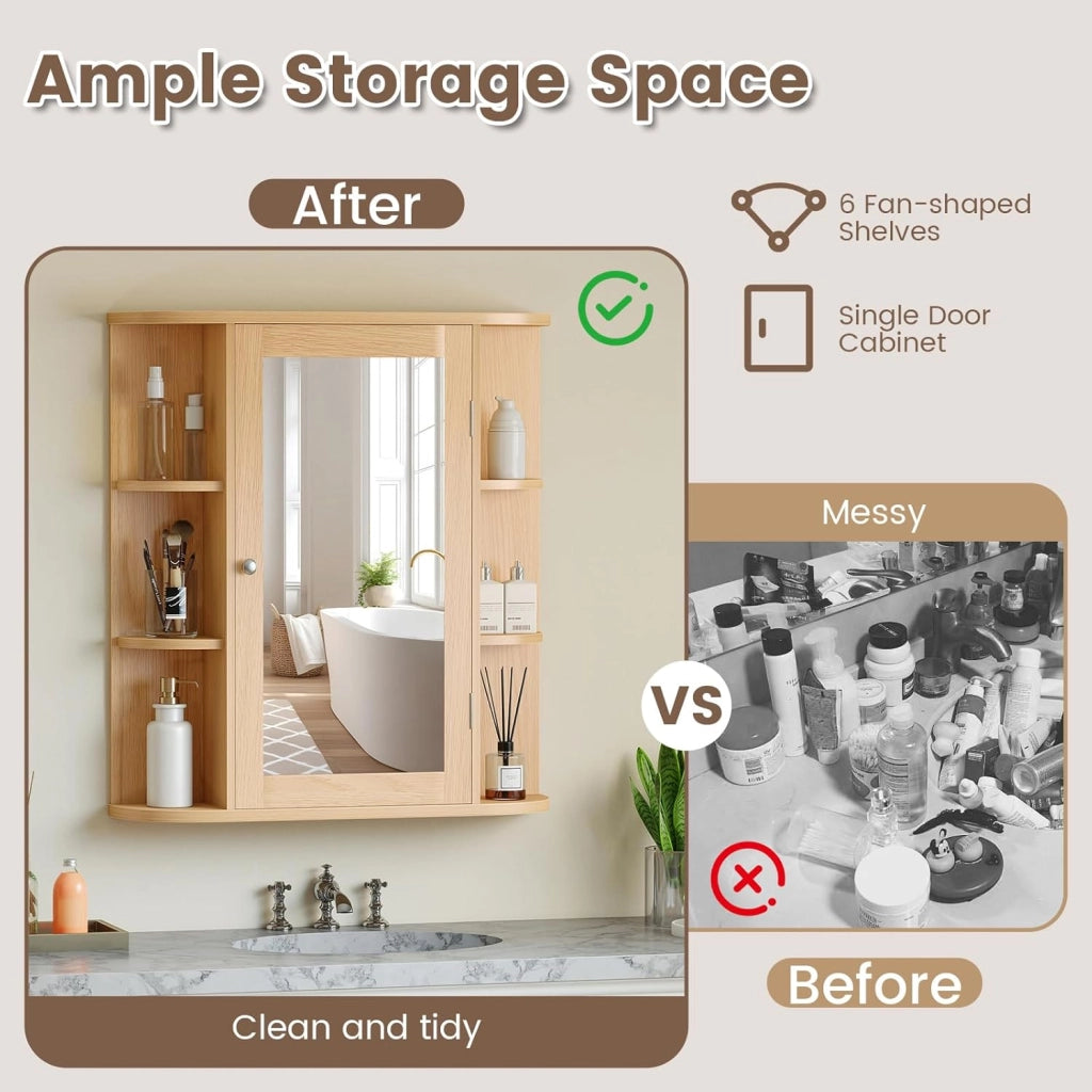 Armadietto Bagno a Parete, Mobiletto Pensile in Legno con Ante di Specchio, 6 Scomparti Laterali e 4 Ripiani di Stoccaggio, 3 Colori Disponibili, 65x17x64cm (Naturale)