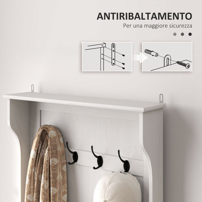 Mobile Appendiabiti 3 in 1 71,5x39,5x170 cm con 4 Ganci e Panca Contenitore in Legno Bianco