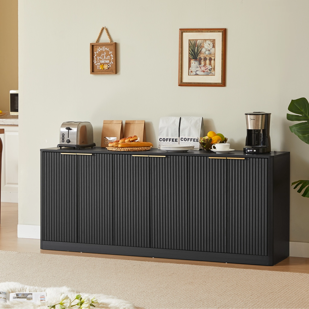 Credenza e madia con 6 ante, design ondulato, per soggiorno e cucina, in MDF, nero, 170 × 40 × 70.5 cm