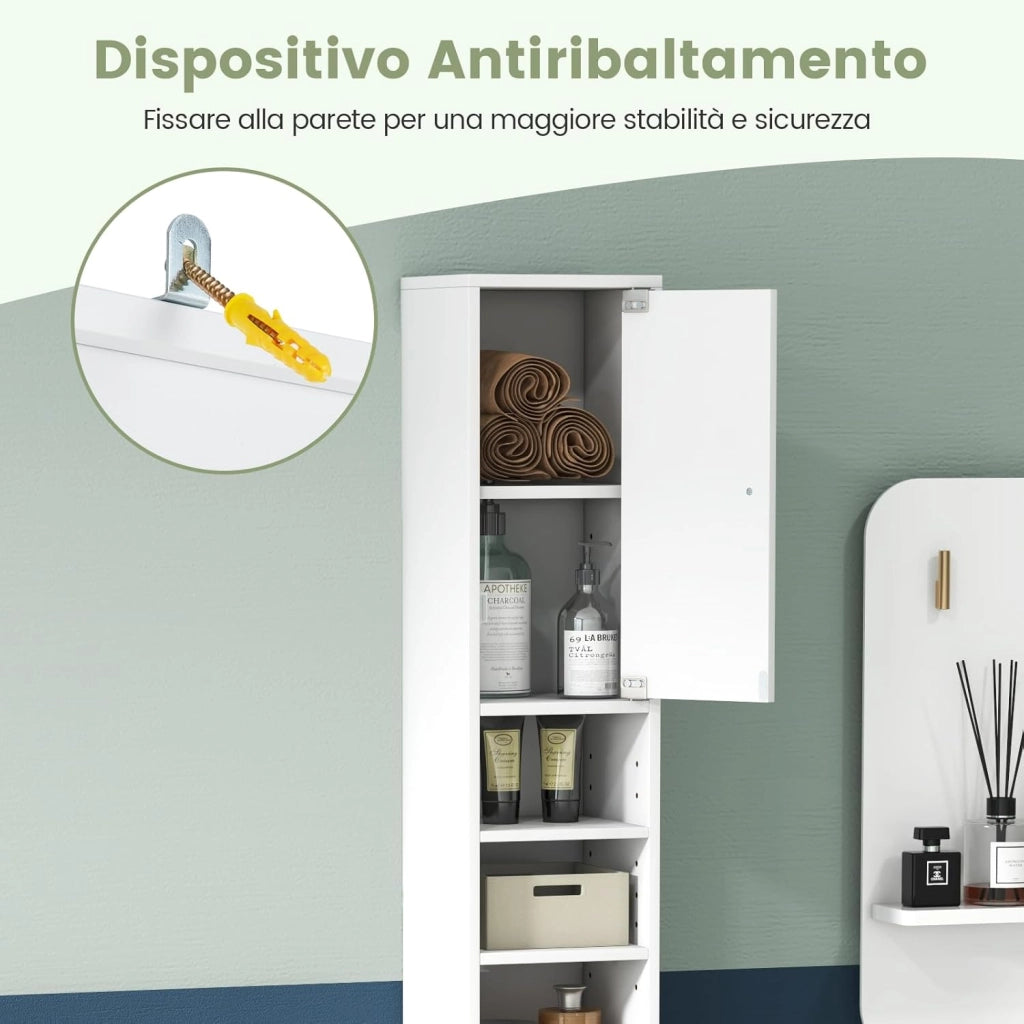 Armadio da Terra Alto, Mobile Colonna Bagno con 2 Ante 1 Cassetto e 5 Ripiani Regolabili, Mobile Bagno Salvaspazio per Bagno Soggiorno Camera da Letto, 20x20x180cm (Bianco)