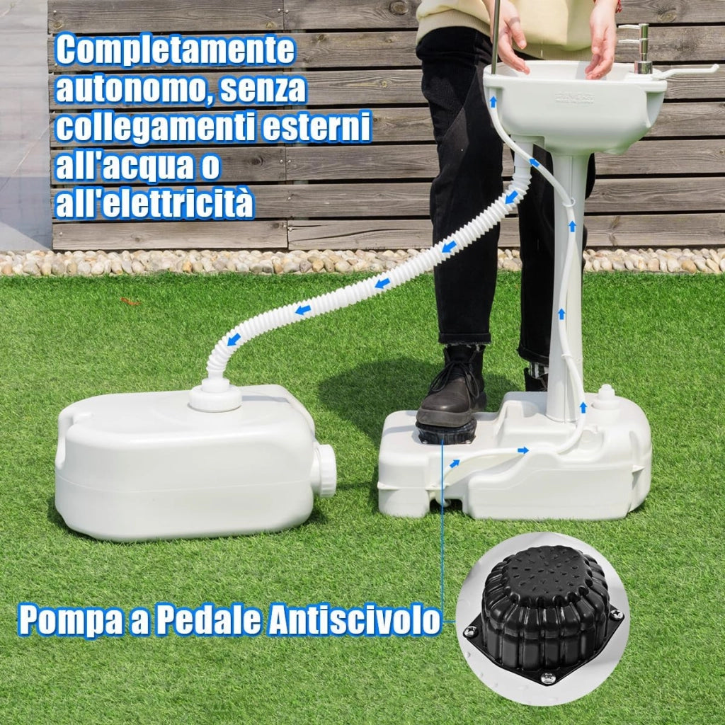 Lavandino da Campeggio con Pompa a Pedale, Lavandino Portatile con Serbatoio d'Acqua da 17L, Dispenser Sapone, Portasciugamani e Ruote (58 x34 x 102cm)