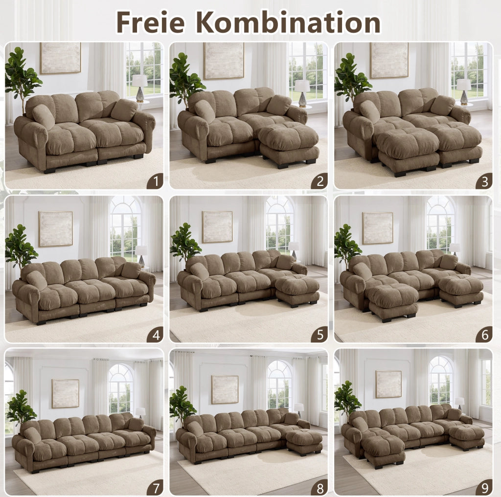 Divano modulare in ciniglia con pouf mobili 330×149×90 cm marrone