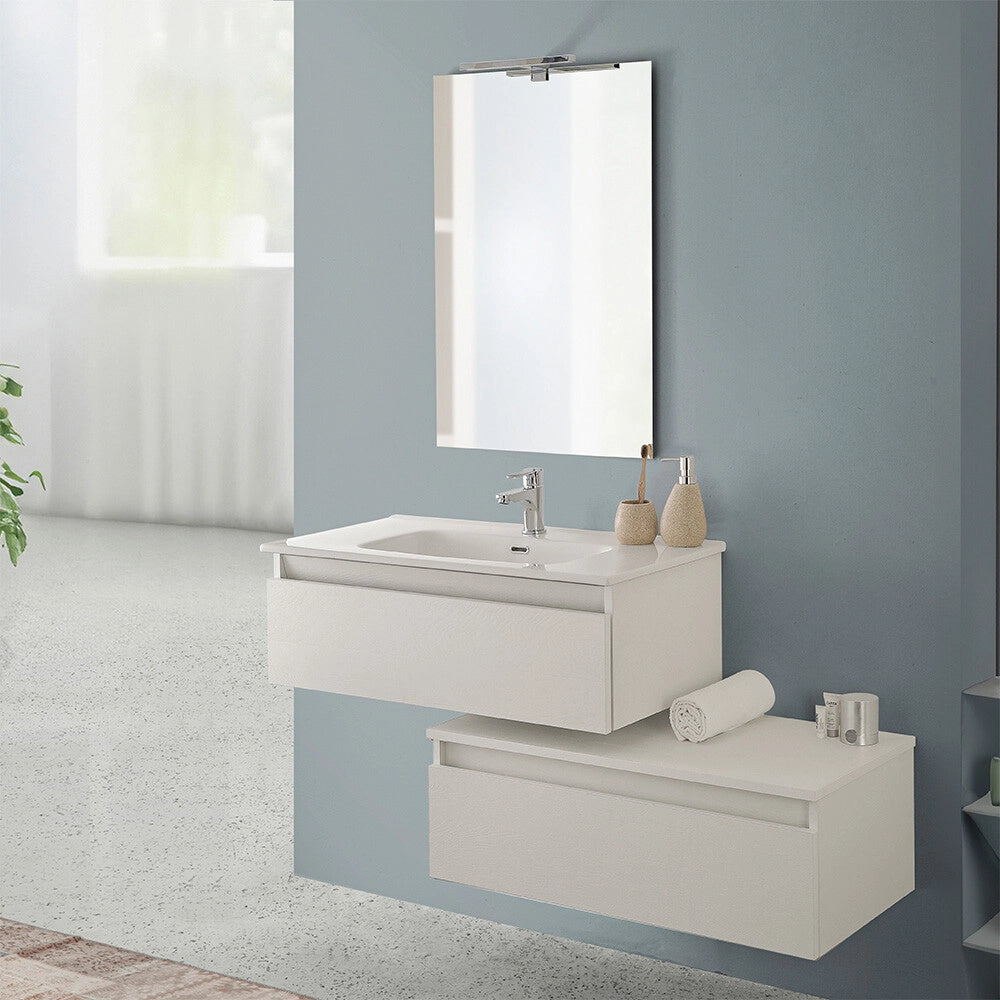 Mobile bagno sospeso 80 cm rovere bianco con base lavabo e cassetto Nadia