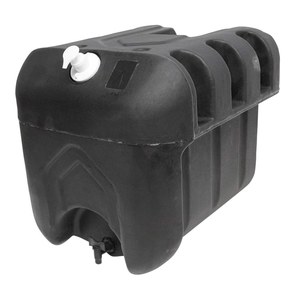 Serbatoio per acqua 50L con rubinetto e dosatore di sapone da 250 ml, in plastica nera, dimensioni 420x440x400 mm