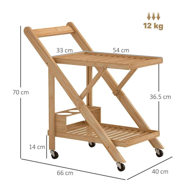 CARRELLO DA CUCINA PORTAVIVANDE PIEGHEVOLE A 2 LIVELLI CON PORTABOTTIGLIE IN LEGNO DI BAMBOO