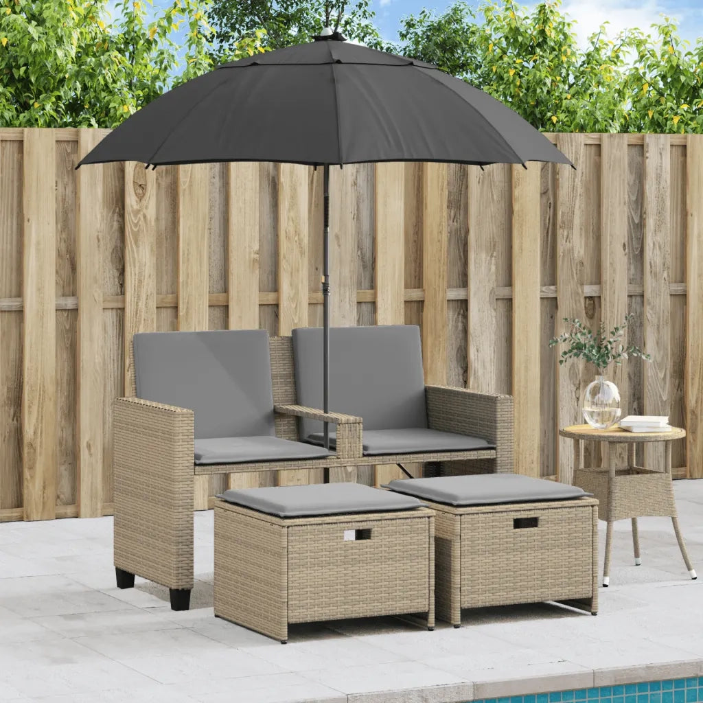 Divano Giardino 2 Posti-Sofa da Giardino-Divanetto da esterno Ombrellone e Sgabelli Beige Polyrattan 477963