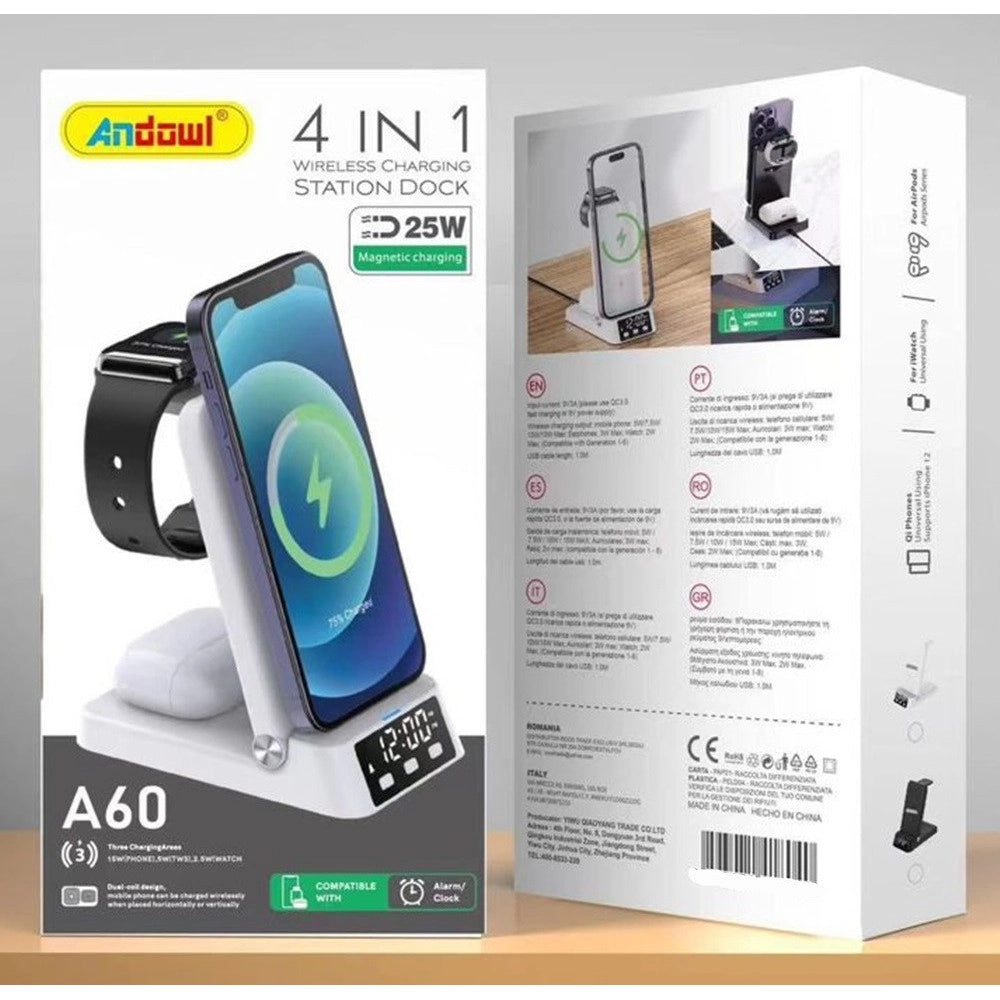 Trade Shop - Stazione Di Ricarica Magnetica Wireless 25w Pieghevole 4 In 1 Con Sveglia Orologio A60 -