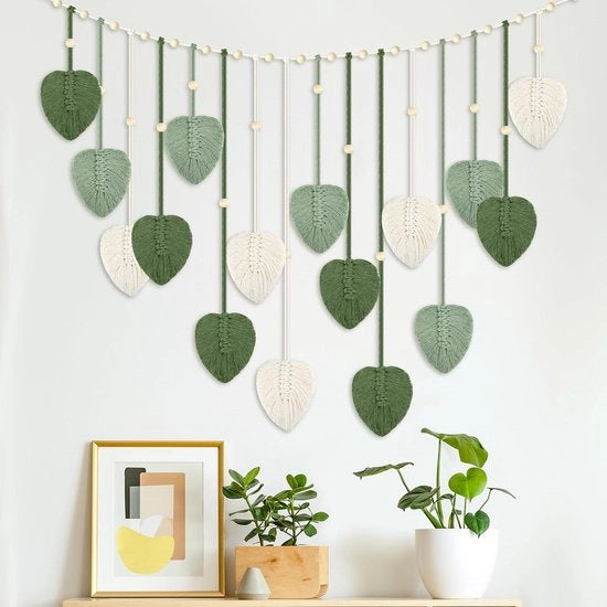 Tappeto da parete macramé - Grande decorazione boho con campanelli in legno e foglie - Per esterno, soggiorno, camera da letto