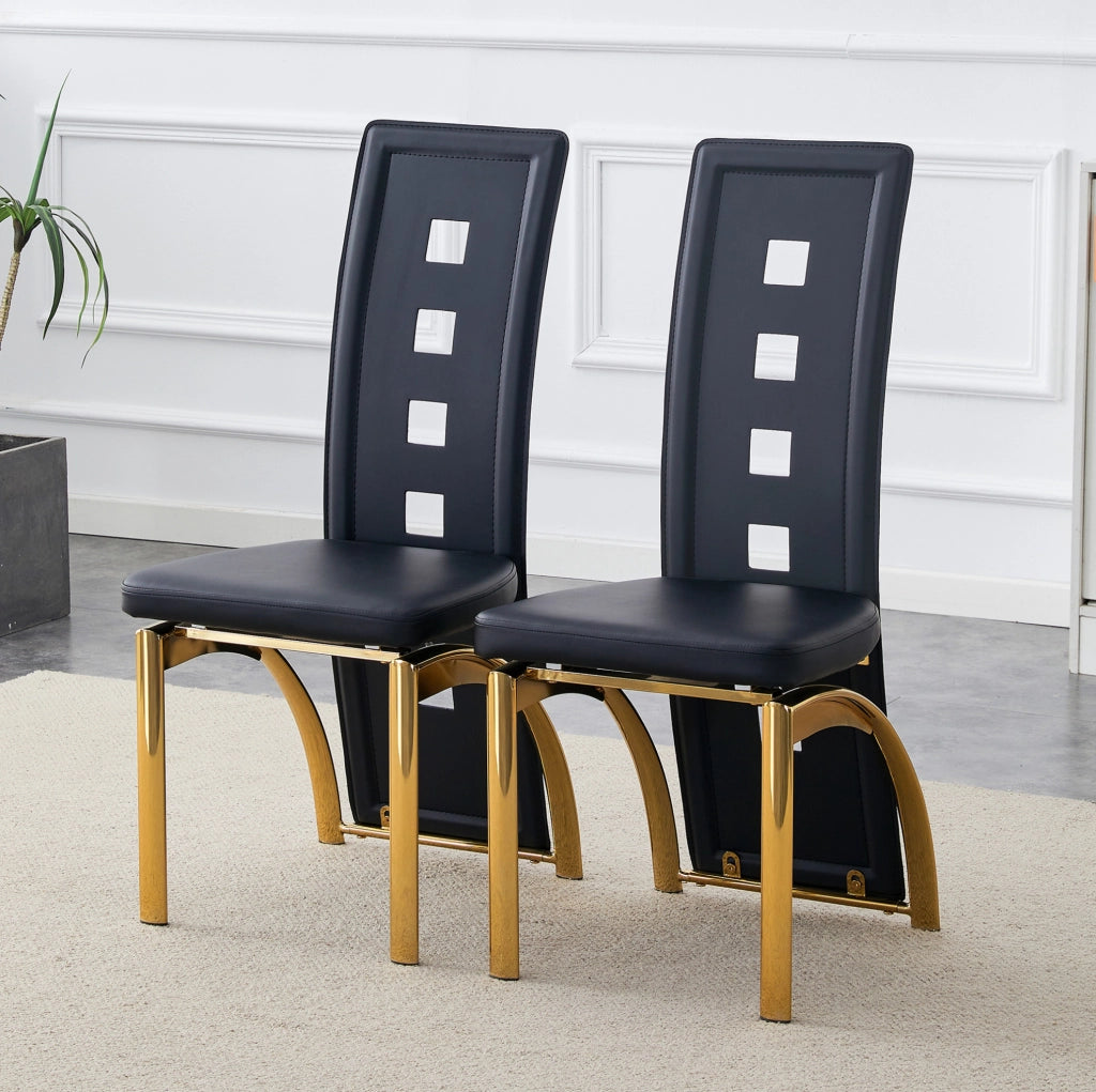 Set di 2 sedie da pranzo moderne con schienale traforato; H 102;5 cm; PU nero e metallo oro