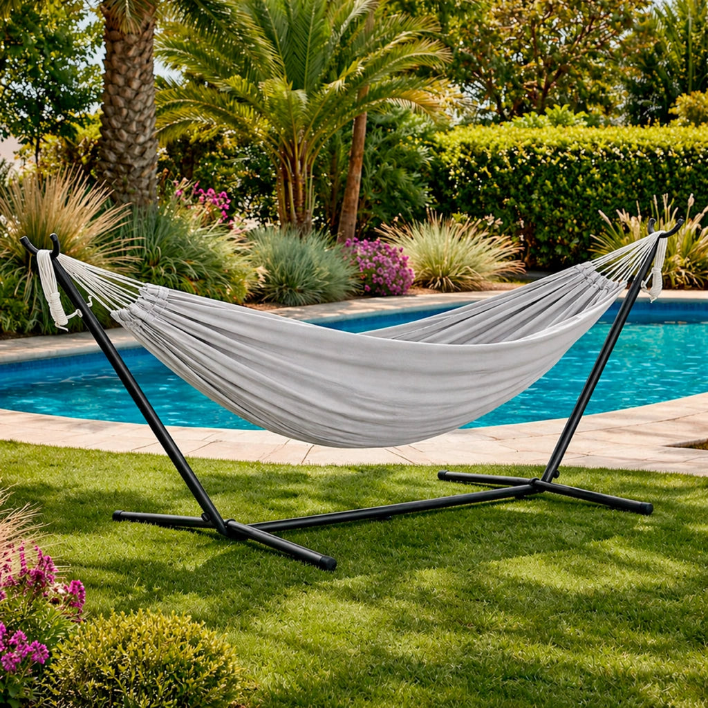 Amaca Da Giardino Con Supporto In Acciaio Portata 200 Kg Altezza Regolabile Telo Cotone Resistente Amaca Brasiliana Esterno Terrazzo Piscina Balcone Con Borsa 265 x 110 x 100 Cm Grigio
