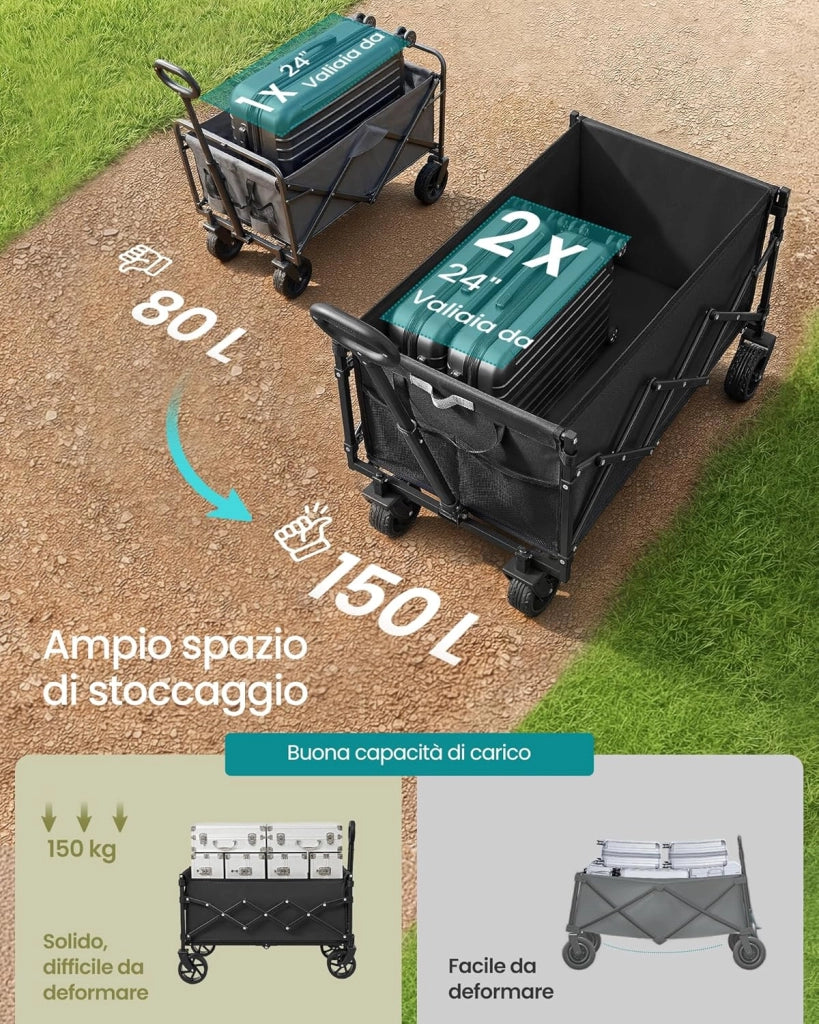 SONGMICS Carrello Pieghevole Piccolo, Carrello da Giardino, Compatto, con Manico, 4 Ruote Rinforzate di cui 2 Universali, per Esterni, Giardino, Portante di 120 kg, 150 L, Nero Inchiostro GFW150BH01