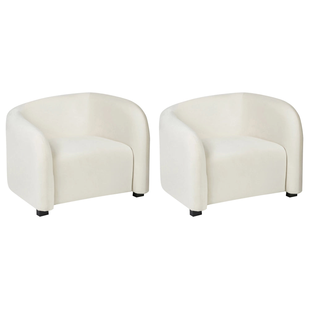 Set moderno ed elegante di 2 poltrone con schienale curvo e braccioli imbottiti in velluto bianco sporco