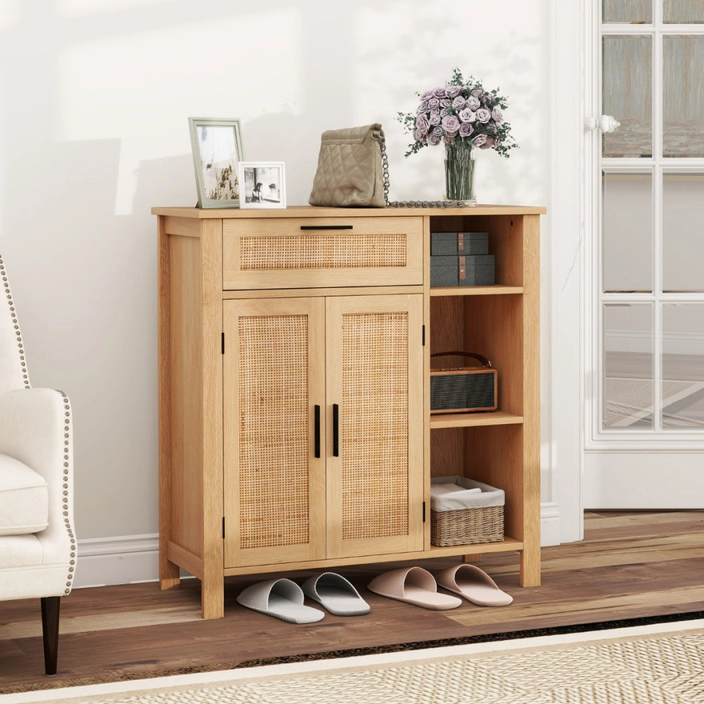 Credenza buffet-Armadio da cucina con ante intrecciate in rattan per cucina, Mobiletto con cassetto e mensola regolabile Naturale