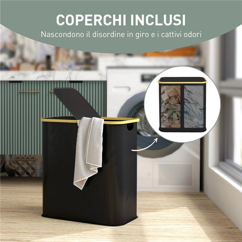 CESTO PORTABIANCHERIA DA 80L A 2 SEZIONI CON COPERCHIO IN TESSUTO NON TESSUTO E BAMBÙ 54X34X58.5 CM NERO