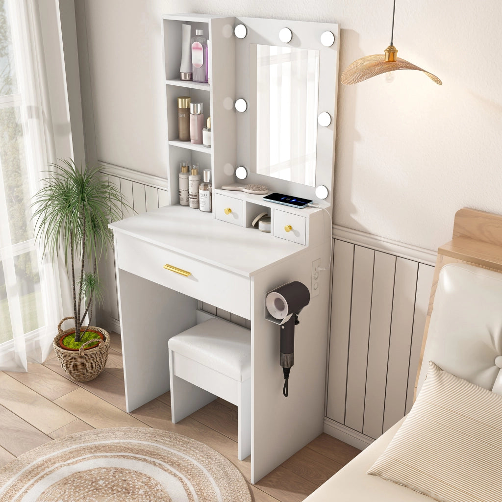 Tavolo da toeletta compatto con specchio LED regolabile; presa; porta asciugacapelli; sgabello imbottito; cassetti e mensola; Bianco; B60×H131;5×P38cm