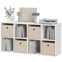 Libreria a Cubi con 8 Comparti e 4 Cassetti di Tessuto, 105,9x30x53,7 cm, Bianco e Beige