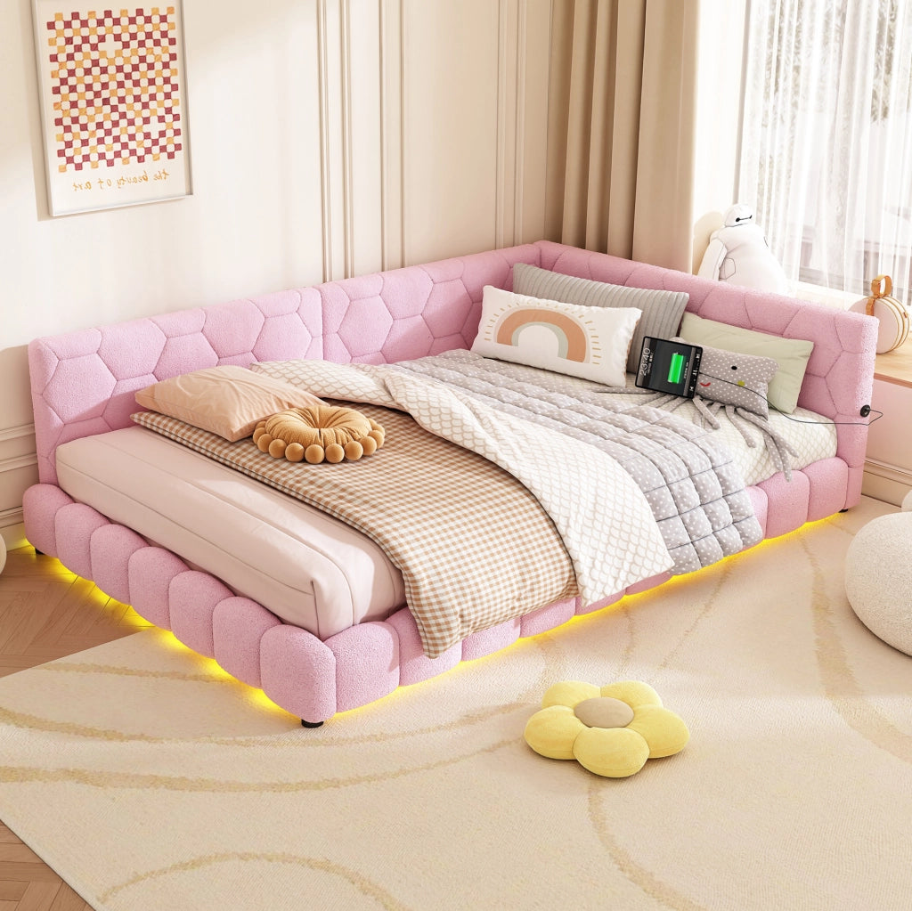 Divano letto 140x200 cm con luci LED; velluto e MDF; rosa (Senza materasso)