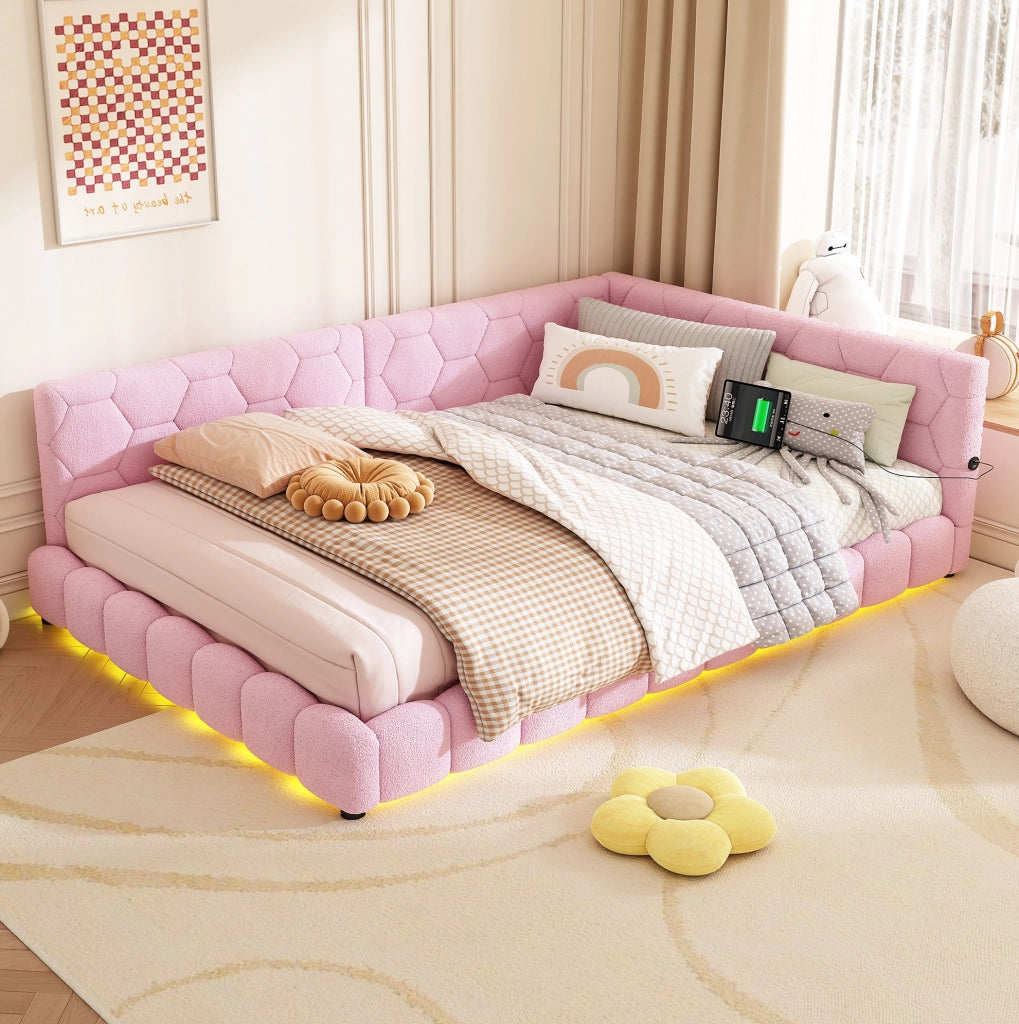 Divano letto 140x200 cm con luci LED; velluto e MDF; rosa (Senza materasso)