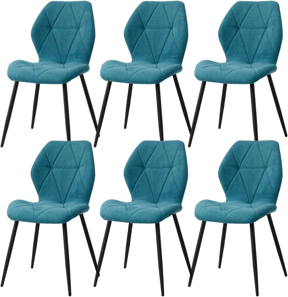 GrandCA HOME Set di 6 Sedie da Pranzo, Sedie da Pranzo Imbottite, Sedie da Cucina Nordiche con Gambe in Metallo, Cuscini in Tessuto a Rombi, Lago Blu-R